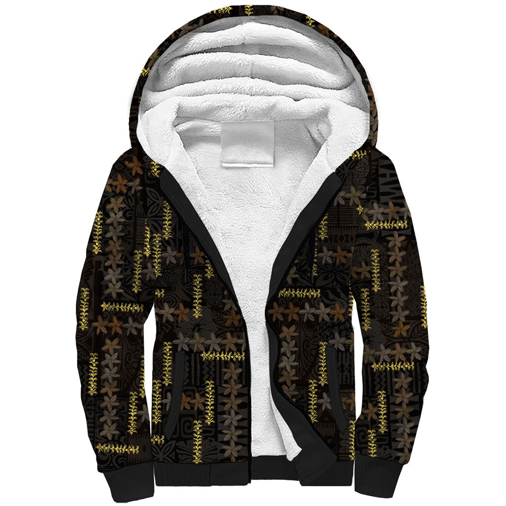 Hawaii Brown Plumeria Lei Black Sherpa Hoodie Frangipani Floral Heritage Art LT01 Unisex Black - Polynesian Pride
