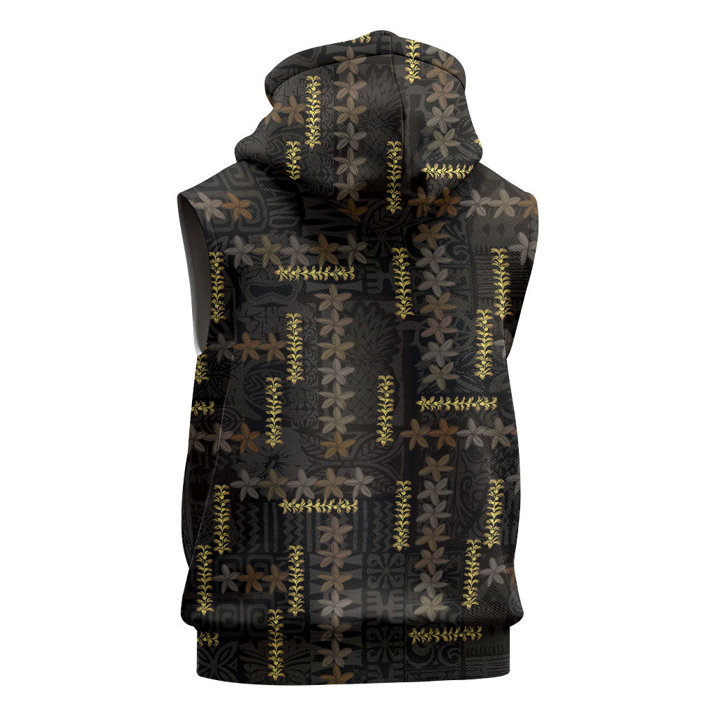 Hawaii Brown Plumeria Lei Black Sleeveless Hoodie Frangipani Floral Heritage Art LT01 - Polynesian Pride