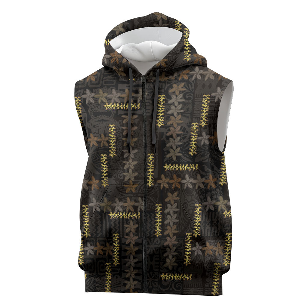 Hawaii Brown Plumeria Lei Black Sleeveless Zip Hoodie Frangipani Floral Heritage Art LT01 Black - Polynesian Pride