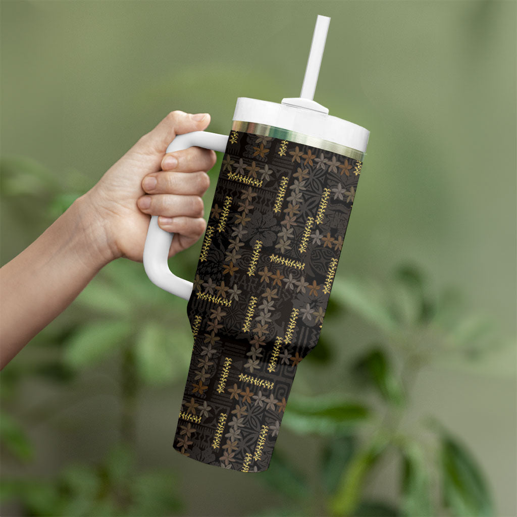 Hawaii Brown Plumeria Lei Black Tumbler With Handle Frangipani Floral Heritage Art