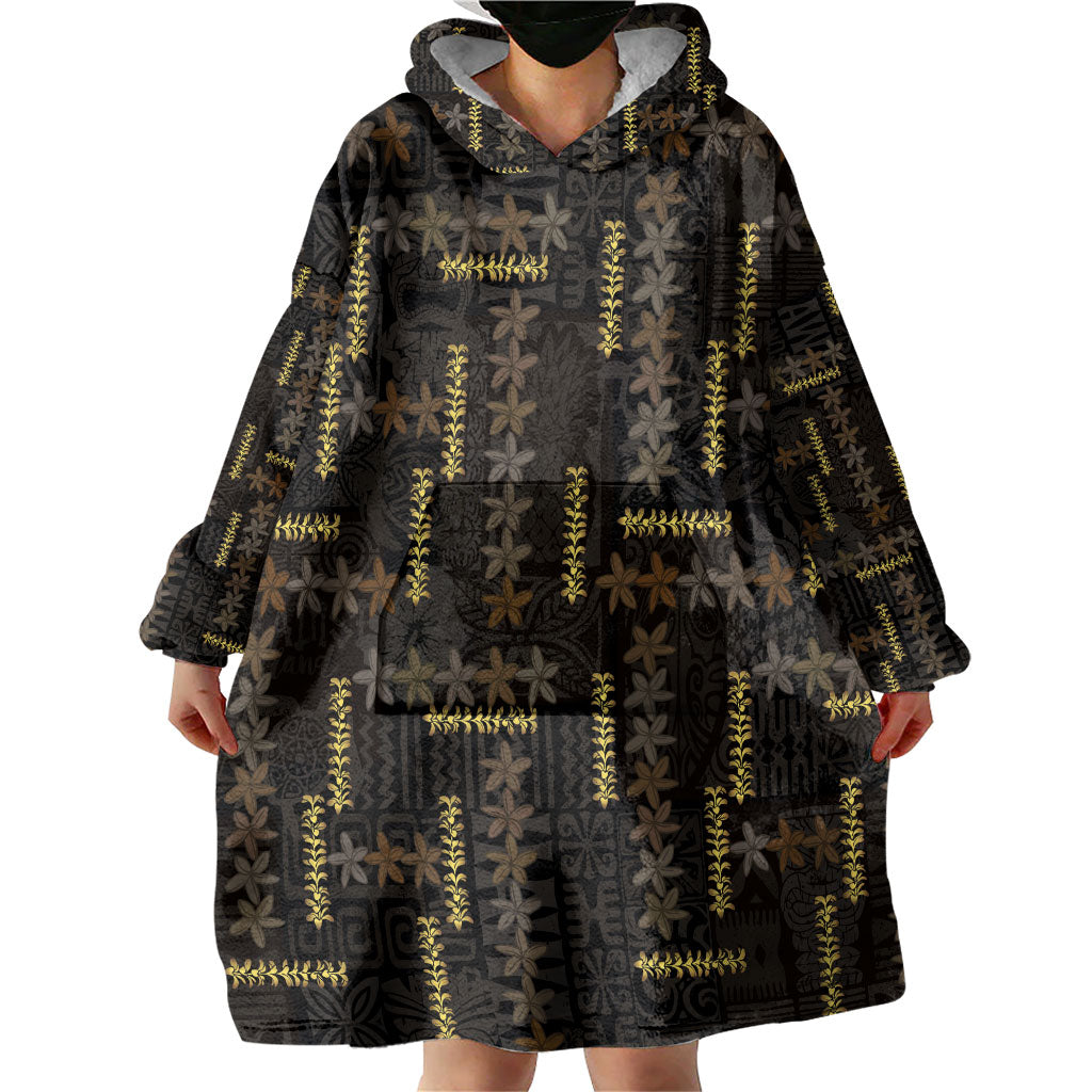 Hawaii Brown Plumeria Lei Black Wearable Blanket Hoodie Frangipani Floral Heritage Art LT01 - Polynesian Pride