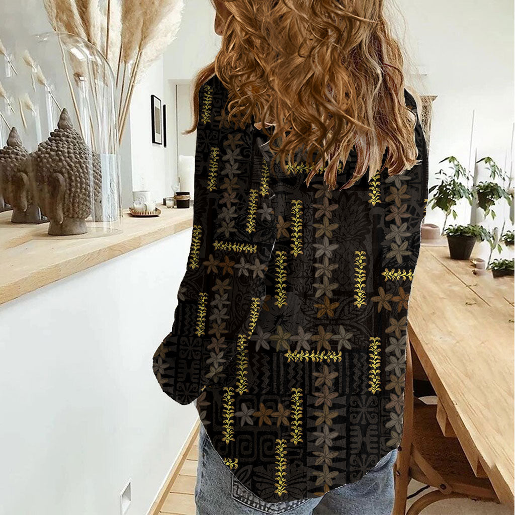 Hawaii Brown Plumeria Lei Black Women Casual Shirt Frangipani Floral Heritage Art LT01 - Polynesian Pride