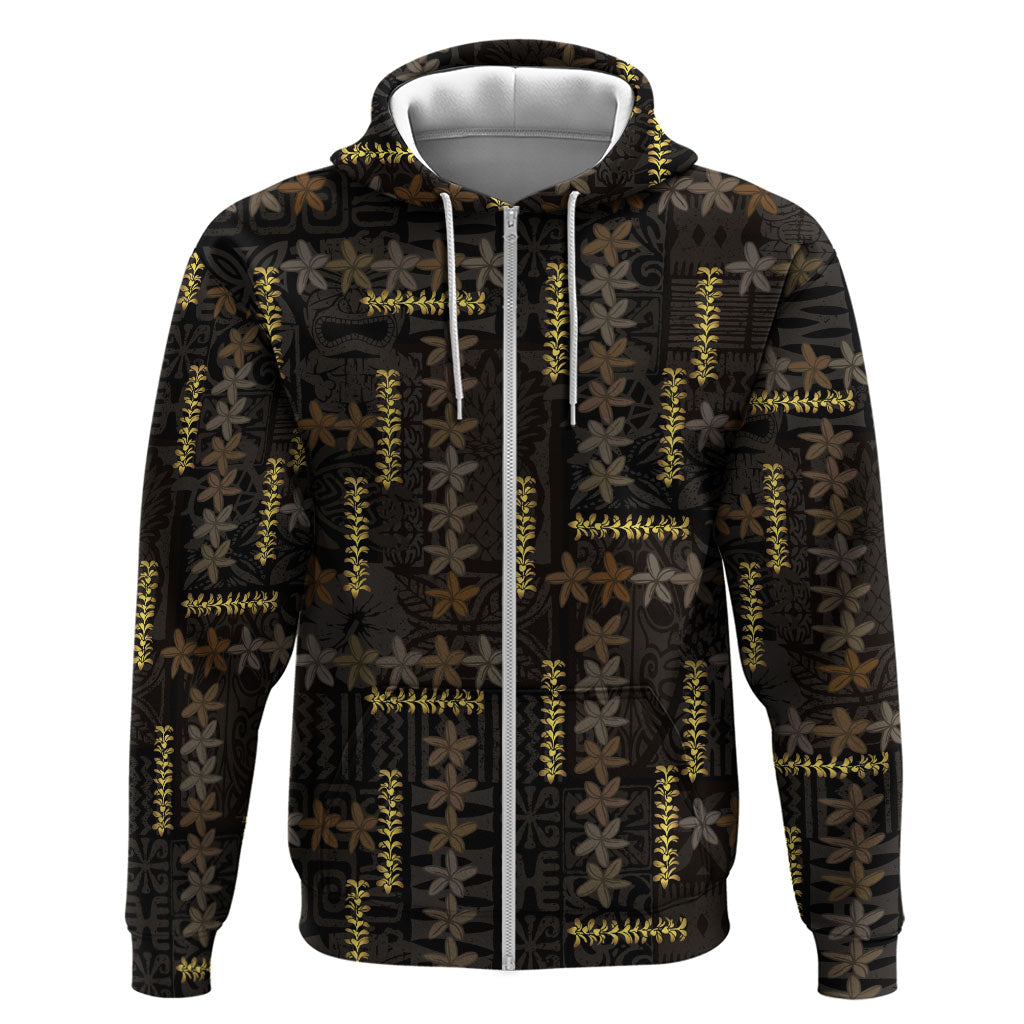 Hawaii Brown Plumeria Lei Black Zip Hoodie Frangipani Floral Heritage Art LT01 Zip Hoodie Black - Polynesian Pride
