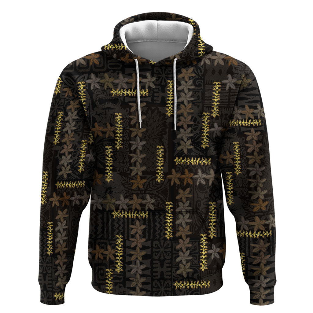 Hawaii Brown Plumeria Lei Black Zip Hoodie Frangipani Floral Heritage Art LT01 Pullover Hoodie Black - Polynesian Pride