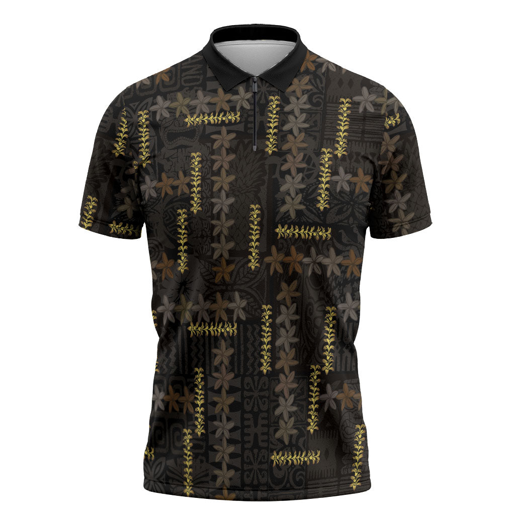Hawaii Brown Plumeria Lei Black Zipper Polo Shirt Frangipani Floral Heritage Art LT01 Black - Polynesian Pride