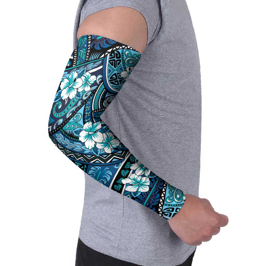Polynesian Hibiscus Tropical Blue Floral Arm Sleeves Tribal Pattern - Polynesian Pride