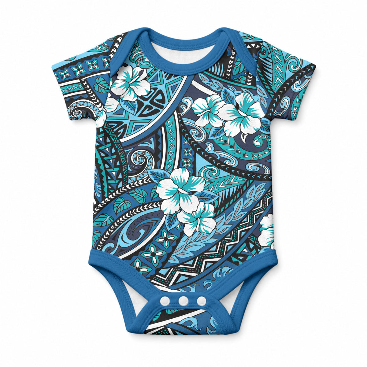 Polynesian Hibiscus Tropical Blue Floral Baby Onesie Tribal Pattern