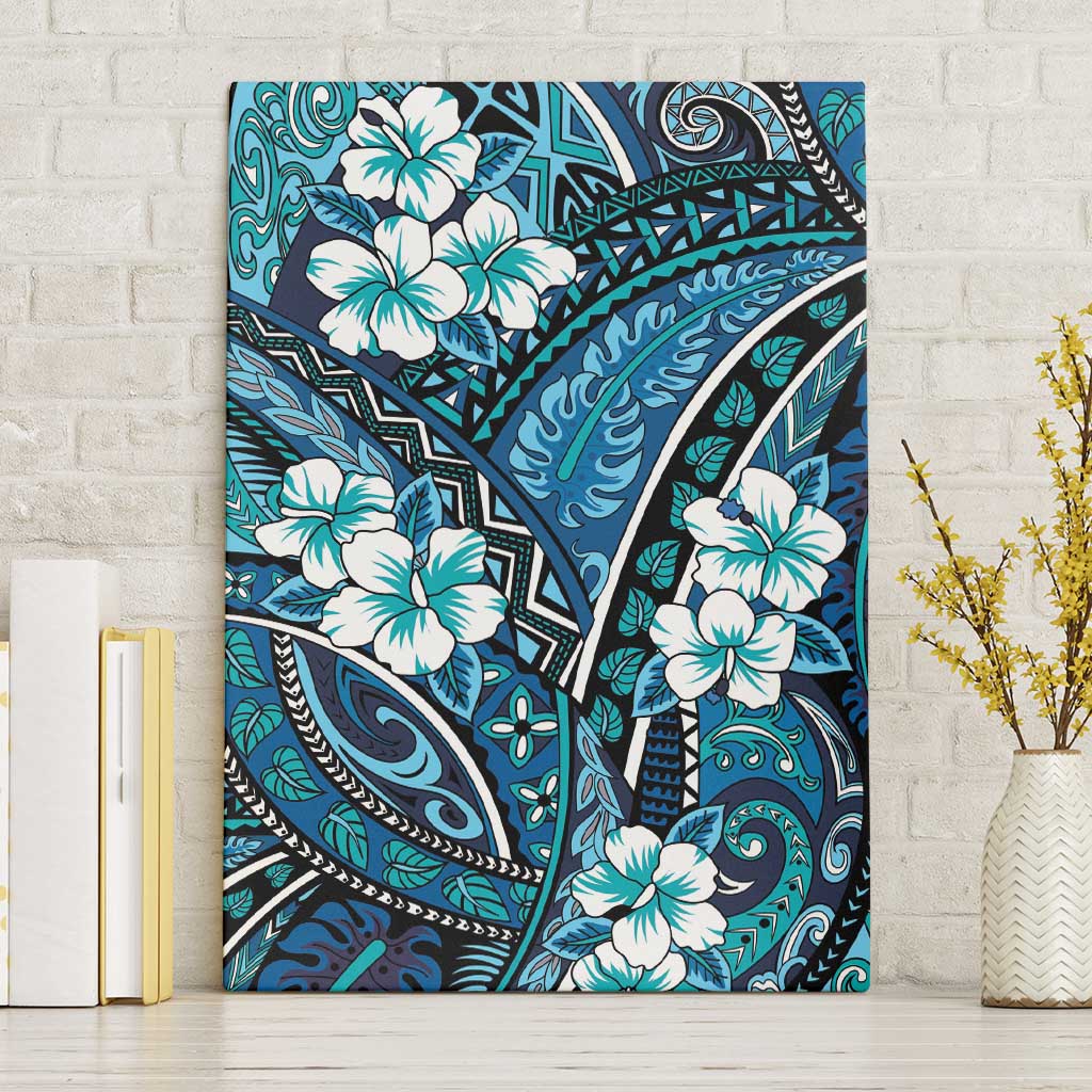 Polynesian Hibiscus Tropical Blue Floral Canvas Wall Art Tribal Pattern - Polynesian Pride