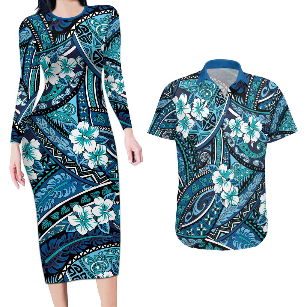 Polynesian Hibiscus Tropical Blue Floral Couples Matching Long Sleeve Bodycon Dress and Hawaiian Shirt Tribal Pattern LT01 Blue - Polynesian Pride