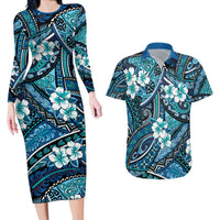 Polynesian Hibiscus Tropical Blue Floral Couples Matching Long Sleeve Bodycon Dress and Hawaiian Shirt Tribal Pattern LT01 Blue - Polynesian Pride
