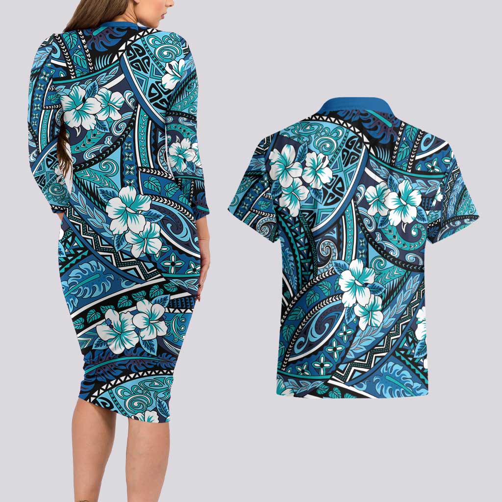 Polynesian Hibiscus Tropical Blue Floral Couples Matching Long Sleeve Bodycon Dress and Hawaiian Shirt Tribal Pattern LT01 - Polynesian Pride
