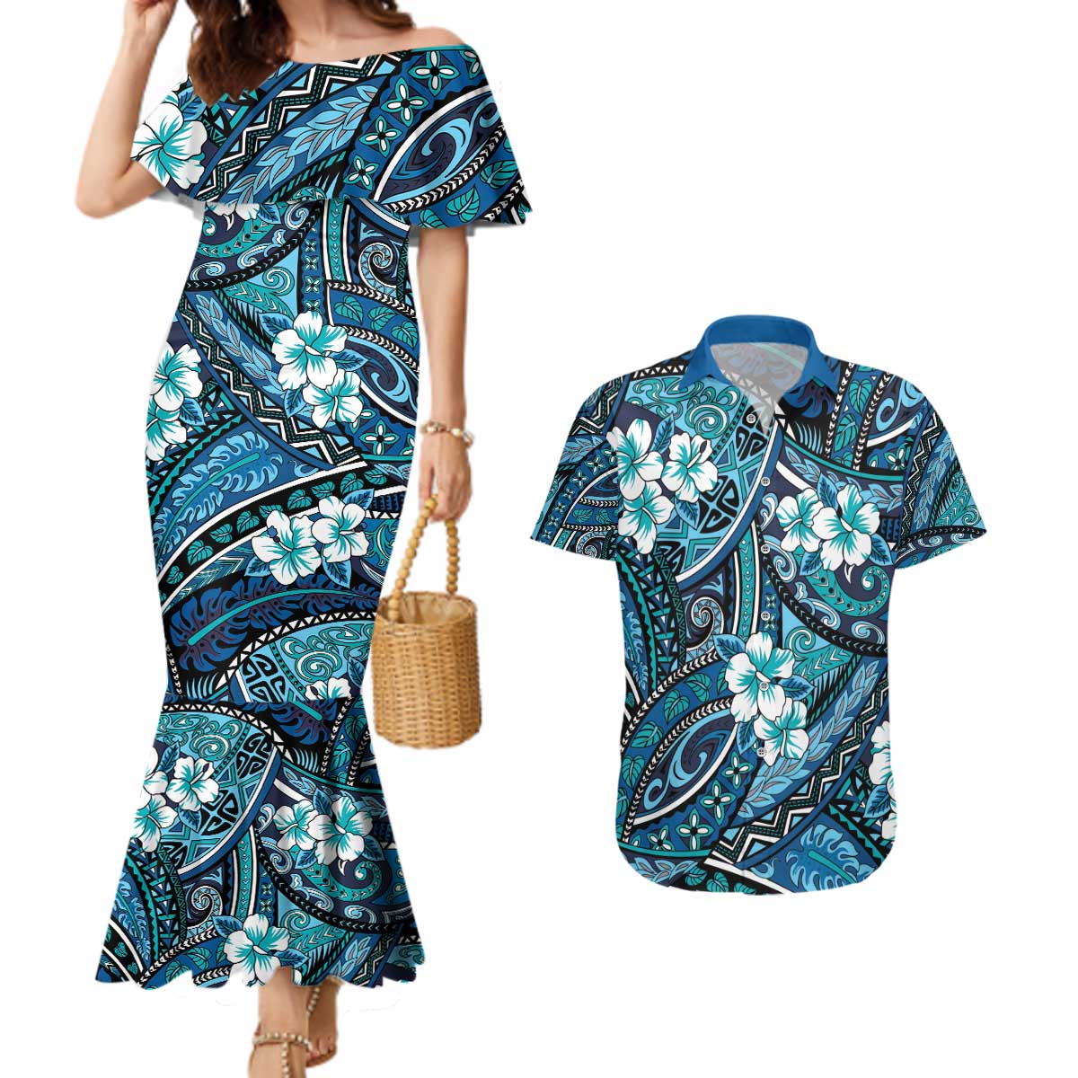 Polynesian Hibiscus Tropical Blue Floral Couples Matching Mermaid Dress and Hawaiian Shirt Tribal Pattern LT01 Blue - Polynesian Pride