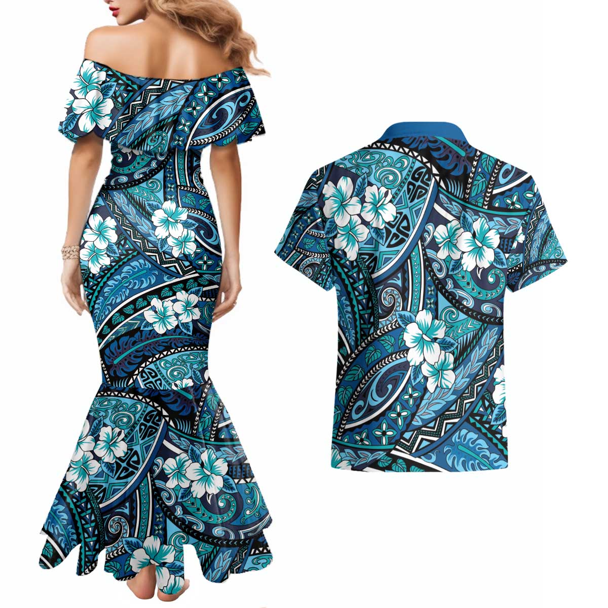 Polynesian Hibiscus Tropical Blue Floral Couples Matching Mermaid Dress and Hawaiian Shirt Tribal Pattern LT01 - Polynesian Pride