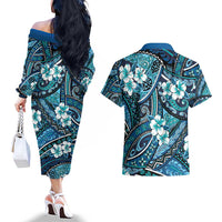 Polynesian Hibiscus Tropical Blue Floral Couples Matching Off The Shoulder Long Sleeve Dress and Hawaiian Shirt Tribal Pattern LT01 - Polynesian Pride