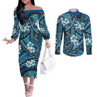 Polynesian Hibiscus Tropical Blue Floral Couples Matching Off The Shoulder Long Sleeve Dress and Long Sleeve Button Shirt Tribal Pattern LT01 Blue - Polynesian Pride