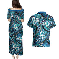 Polynesian Hibiscus Tropical Blue Floral Couples Matching Puletasi and Hawaiian Shirt Tribal Pattern LT01 - Polynesian Pride