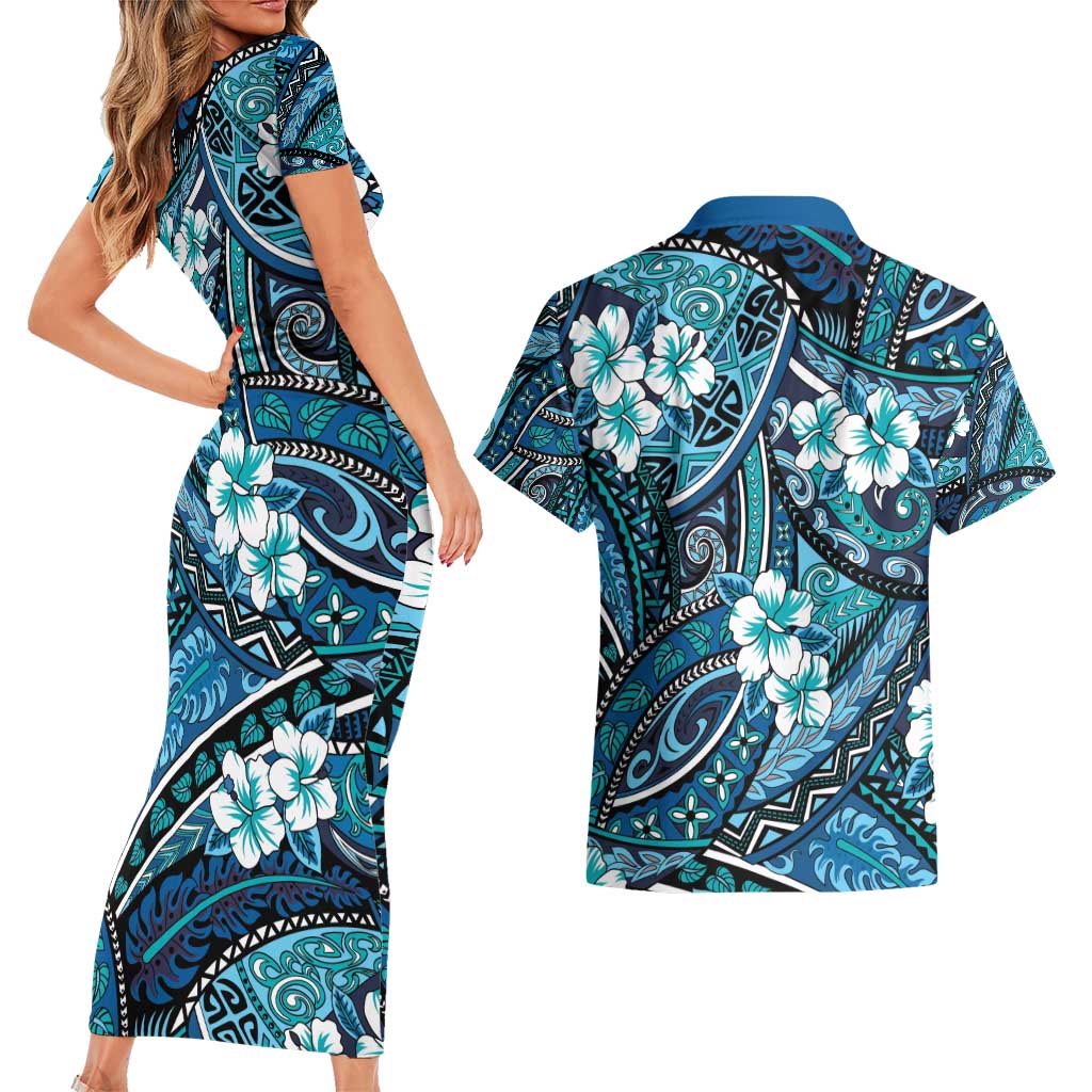 Polynesian Hibiscus Tropical Blue Floral Couples Matching Short Sleeve Bodycon Dress and Hawaiian Shirt Tribal Pattern LT01 - Polynesian Pride
