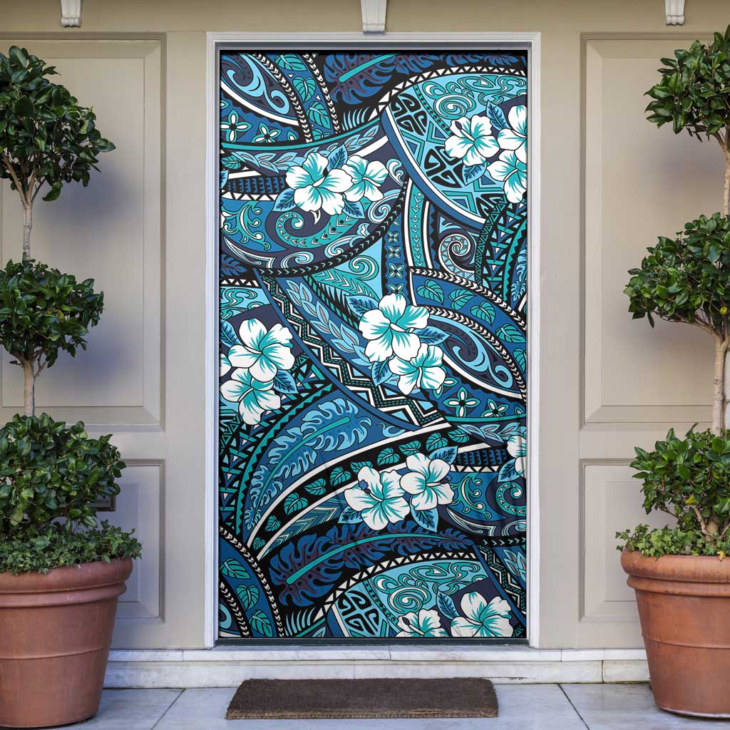 Polynesian Hibiscus Tropical Blue Floral Door Cover Tribal Pattern LT01 Blue - Polynesian Pride