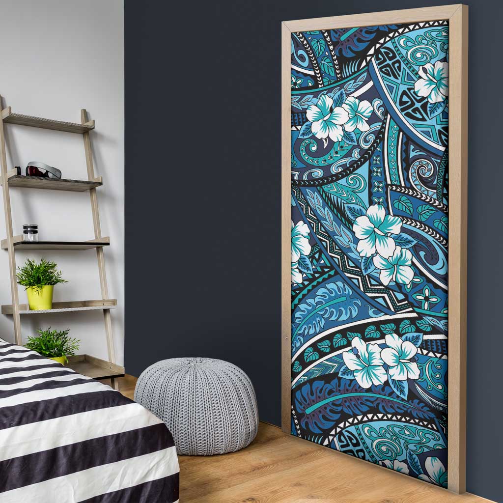 Polynesian Hibiscus Tropical Blue Floral Door Cover Tribal Pattern LT01 - Polynesian Pride