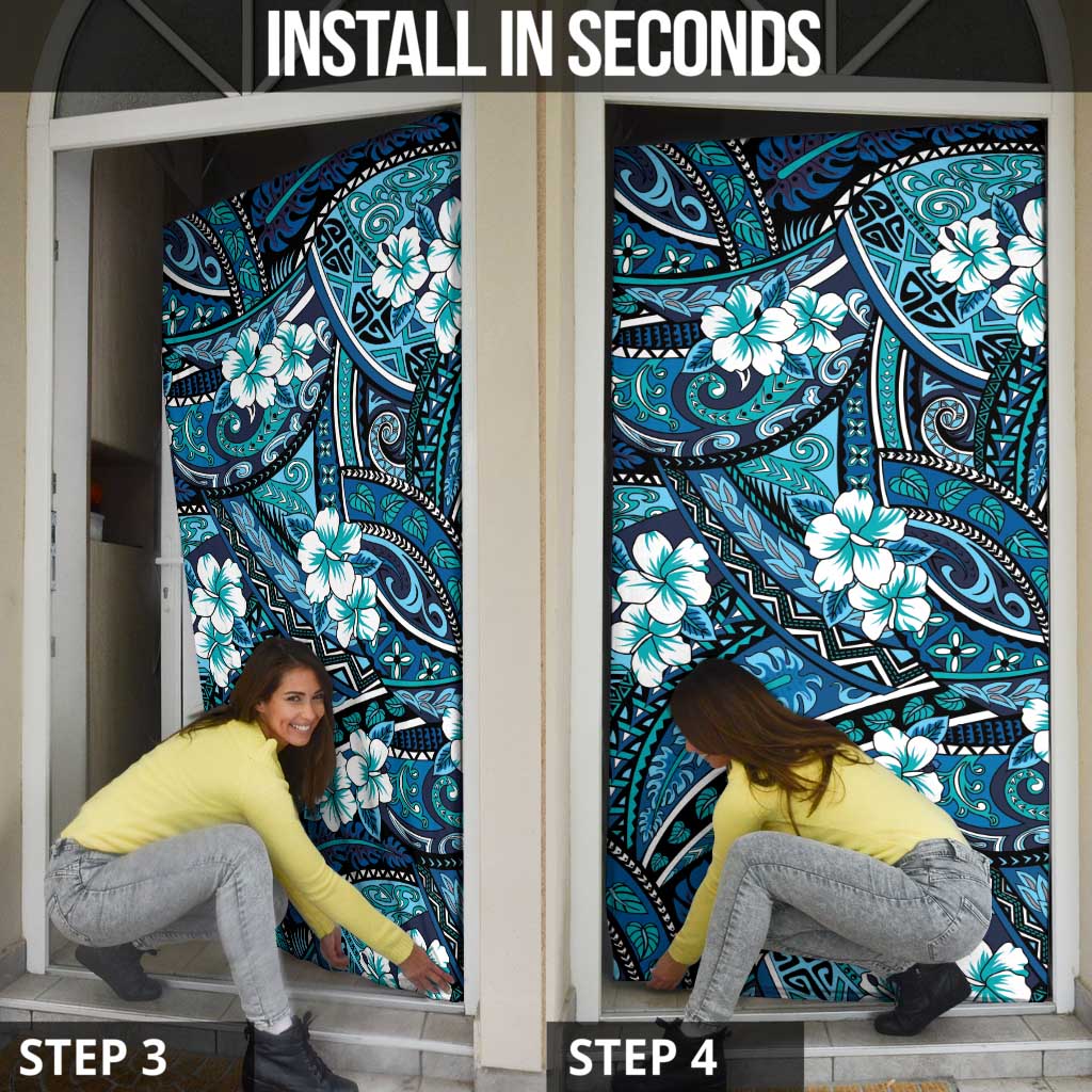 Polynesian Hibiscus Tropical Blue Floral Door Cover Tribal Pattern LT01 - Polynesian Pride