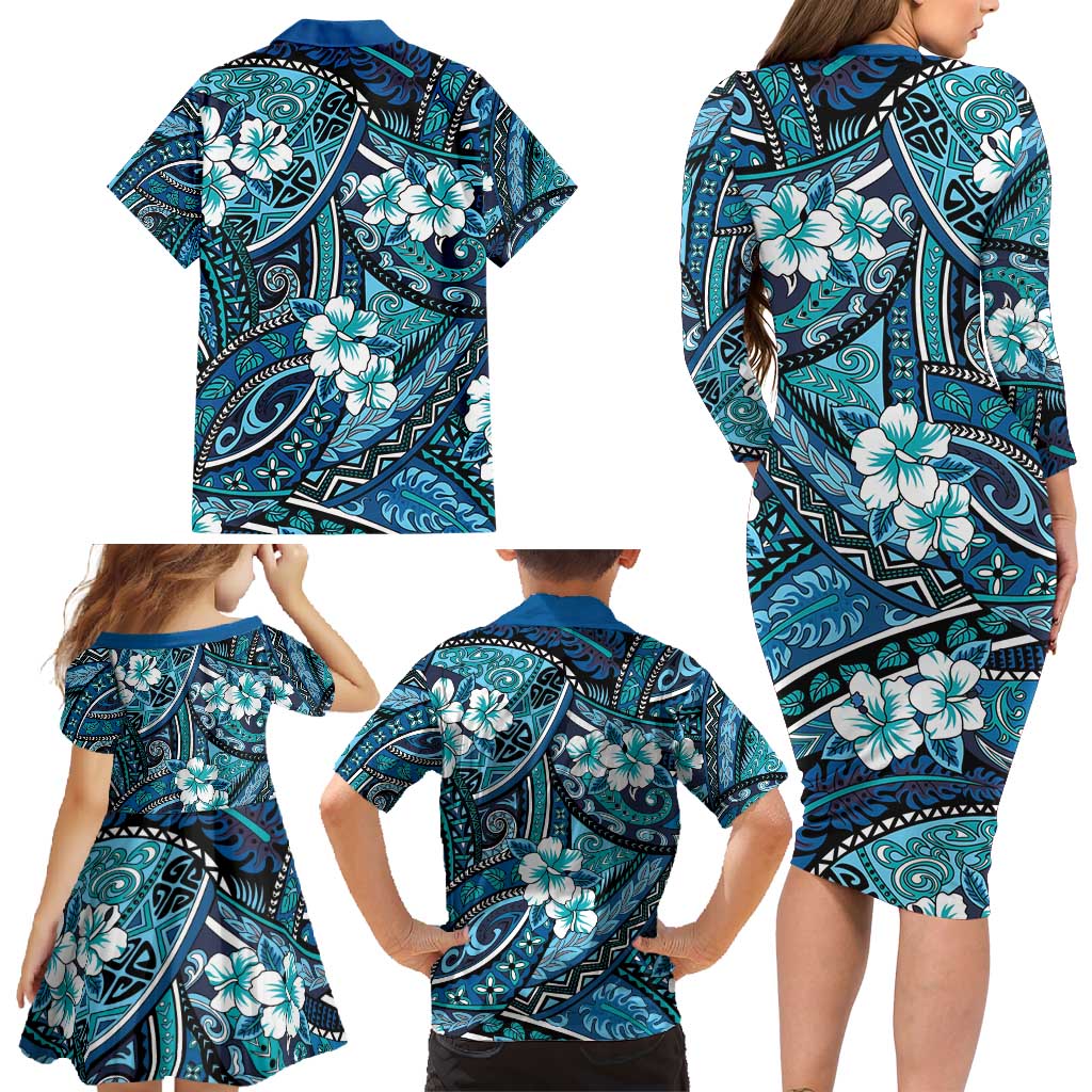 Polynesian Hibiscus Tropical Blue Floral Family Matching Long Sleeve Bodycon Dress and Hawaiian Shirt Tribal Pattern LT01 - Polynesian Pride