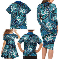 Polynesian Hibiscus Tropical Blue Floral Family Matching Long Sleeve Bodycon Dress and Hawaiian Shirt Tribal Pattern LT01 - Polynesian Pride