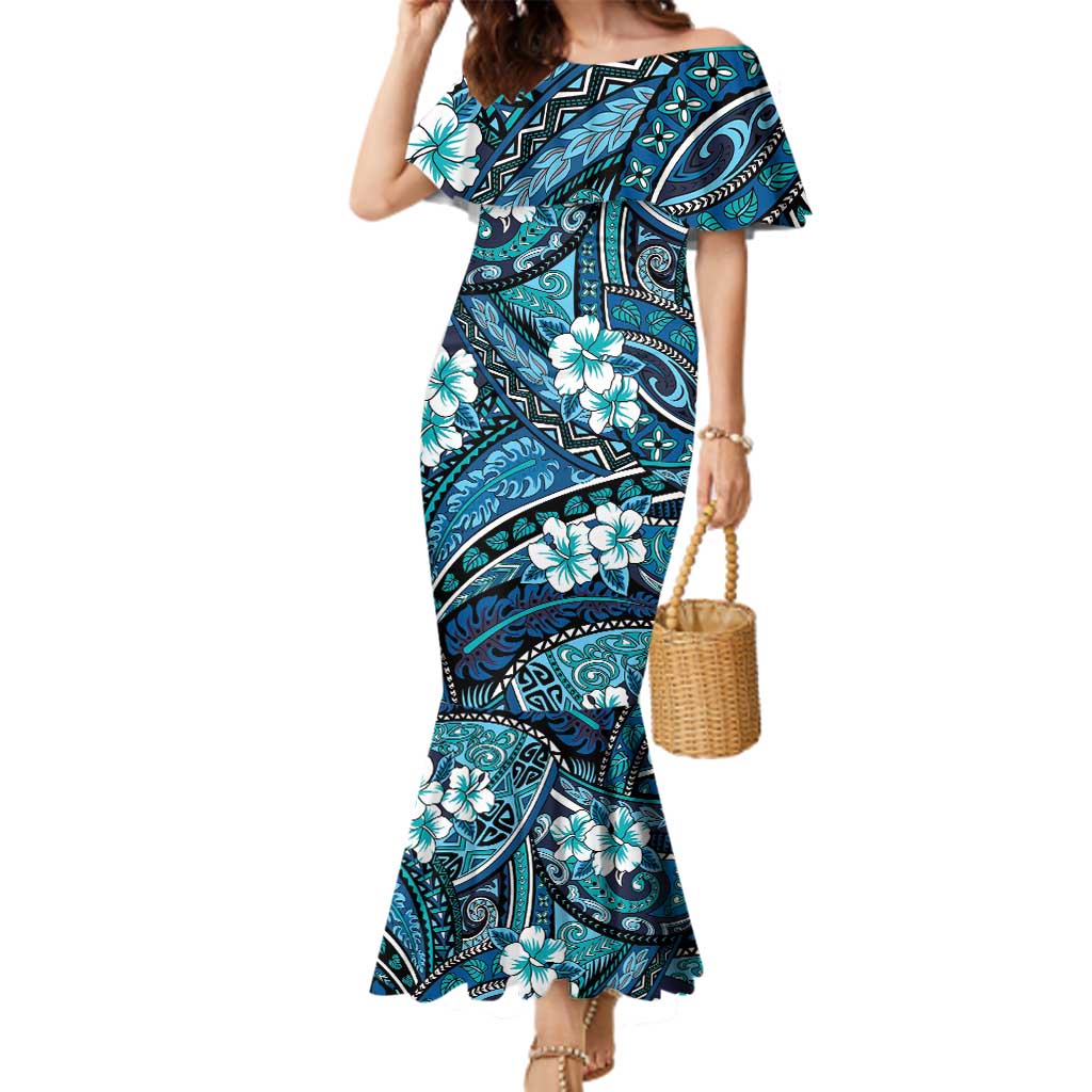 Polynesian Hibiscus Tropical Blue Floral Family Matching Mermaid Dress and Hawaiian Shirt Tribal Pattern LT01 Mom's Dress Blue - Polynesian Pride