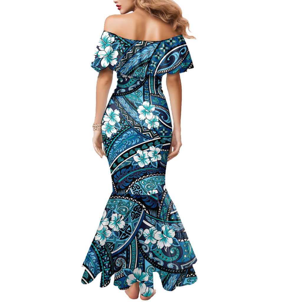 Polynesian Hibiscus Tropical Blue Floral Family Matching Mermaid Dress and Hawaiian Shirt Tribal Pattern LT01 - Polynesian Pride