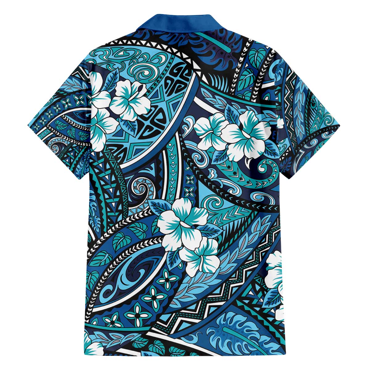 Polynesian Hibiscus Tropical Blue Floral Family Matching Off The Shoulder Long Sleeve Dress and Hawaiian Shirt Tribal Pattern LT01 - Polynesian Pride