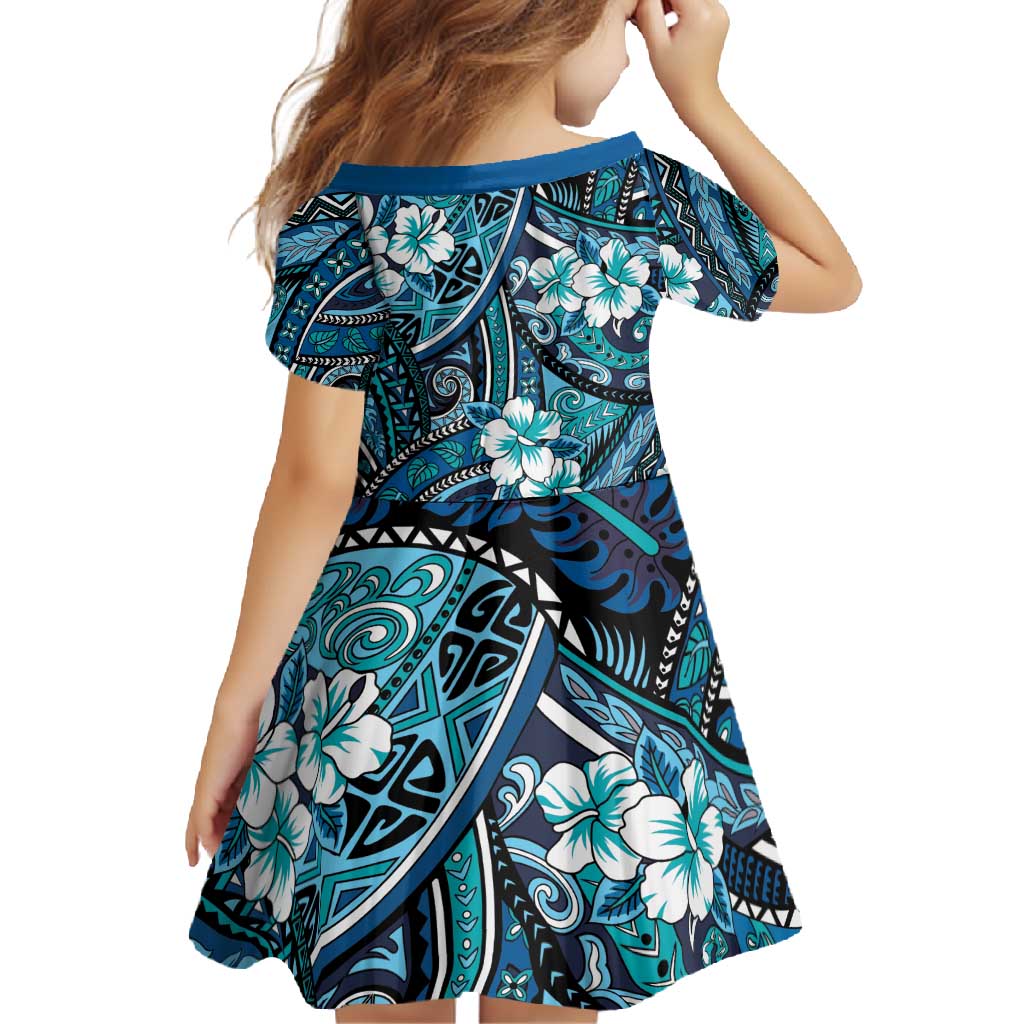 Polynesian Hibiscus Tropical Blue Floral Family Matching Off Shoulder Maxi Dress and Hawaiian Shirt Tribal Pattern LT01 - Polynesian Pride