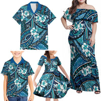 Polynesian Hibiscus Tropical Blue Floral Family Matching Off Shoulder Maxi Dress and Hawaiian Shirt Tribal Pattern LT01 - Polynesian Pride
