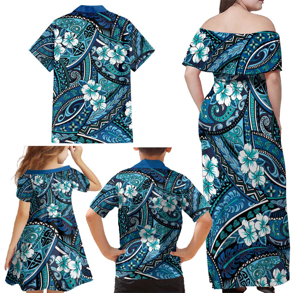 Polynesian Hibiscus Tropical Blue Floral Family Matching Off Shoulder Maxi Dress and Hawaiian Shirt Tribal Pattern LT01 - Polynesian Pride