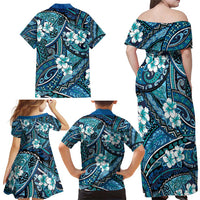 Polynesian Hibiscus Tropical Blue Floral Family Matching Off Shoulder Maxi Dress and Hawaiian Shirt Tribal Pattern LT01 - Polynesian Pride
