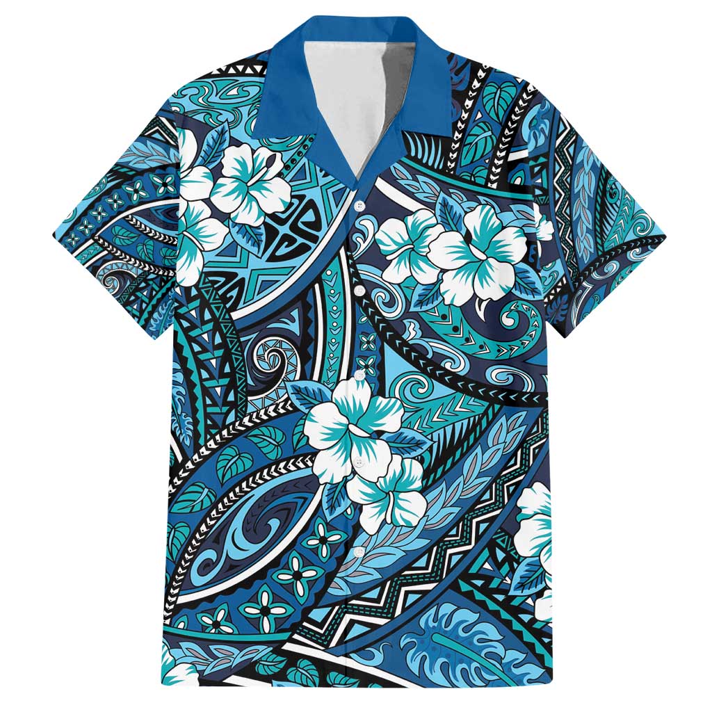 Polynesian Hibiscus Tropical Blue Floral Family Matching Off Shoulder Maxi Dress and Hawaiian Shirt Tribal Pattern LT01 Dad's Shirt - Short Sleeve Blue - Polynesian Pride