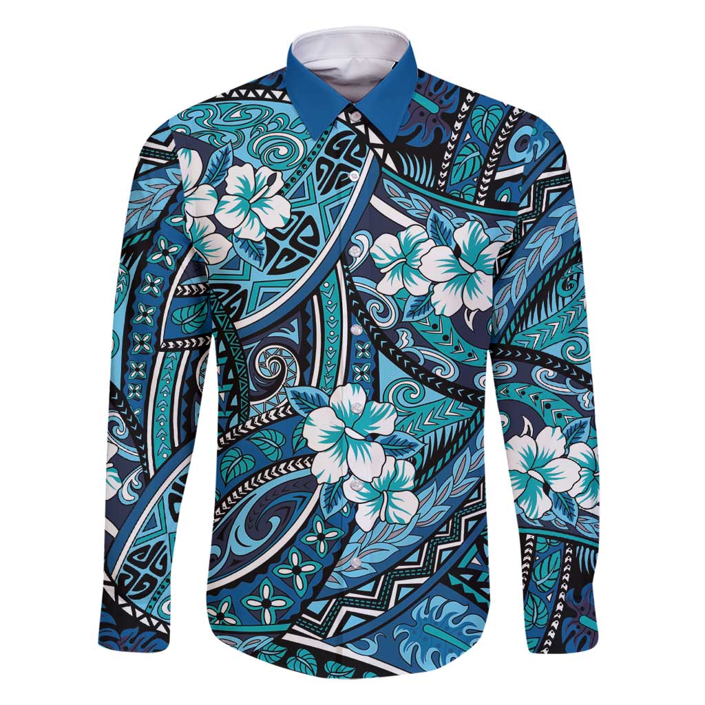 Polynesian Hibiscus Tropical Blue Floral Family Matching Off Shoulder Maxi Dress and Hawaiian Shirt Tribal Pattern LT01 Dad's Shirt - Long Sleeve Blue - Polynesian Pride