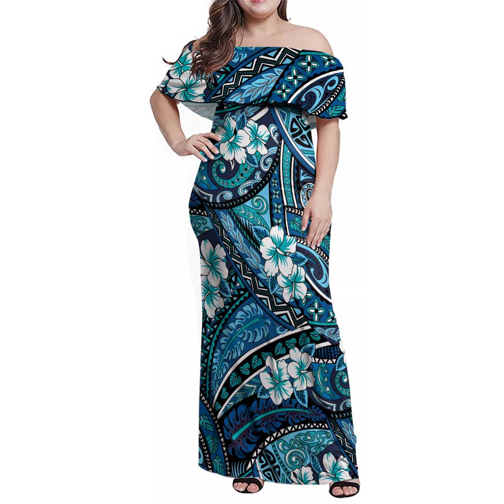 Polynesian Hibiscus Tropical Blue Floral Family Matching Off Shoulder Maxi Dress and Hawaiian Shirt Tribal Pattern LT01 Mom's Dress Blue - Polynesian Pride