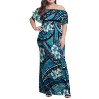 Polynesian Hibiscus Tropical Blue Floral Family Matching Off Shoulder Maxi Dress and Hawaiian Shirt Tribal Pattern LT01 Mom's Dress Blue - Polynesian Pride