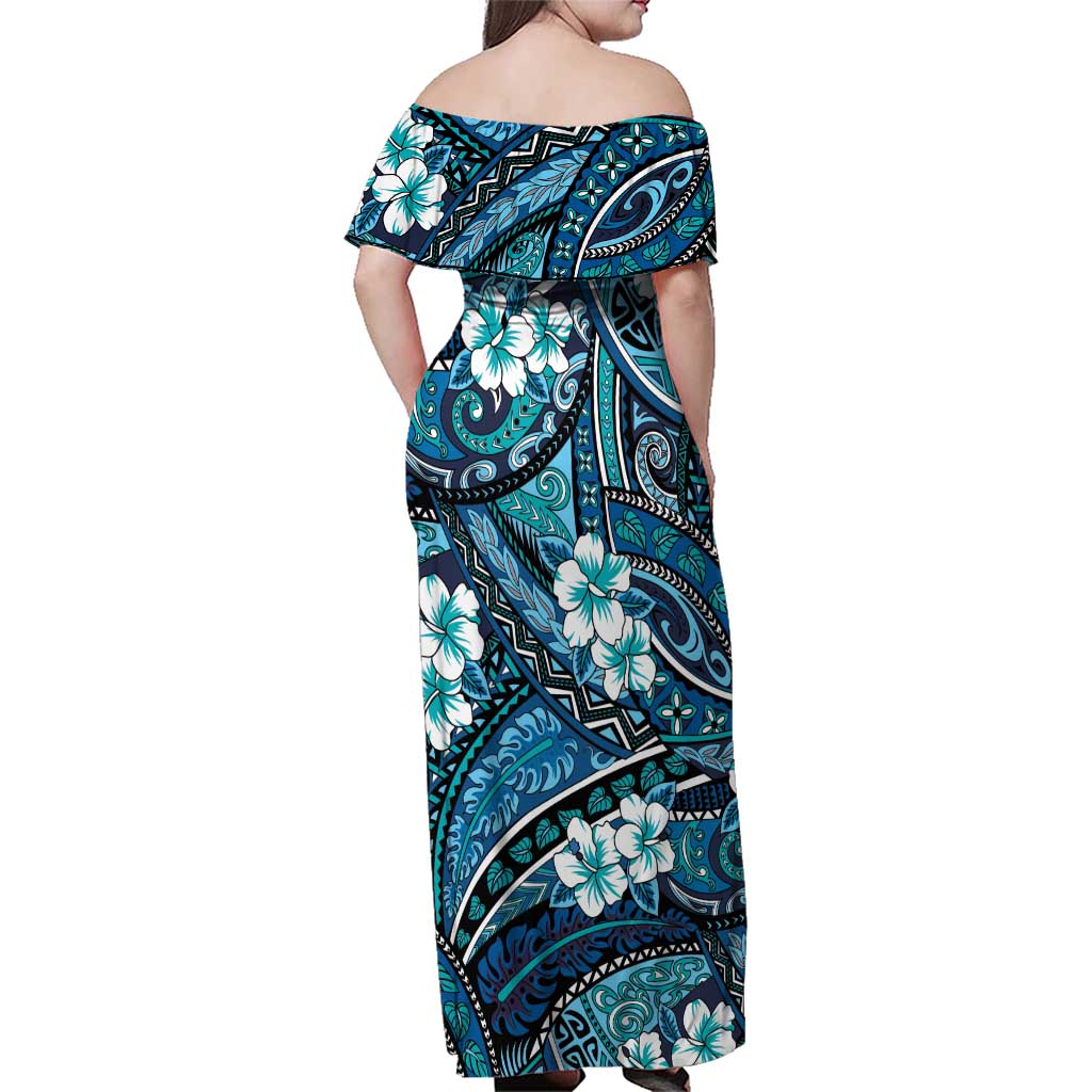 Polynesian Hibiscus Tropical Blue Floral Family Matching Off Shoulder Maxi Dress and Hawaiian Shirt Tribal Pattern LT01 - Polynesian Pride