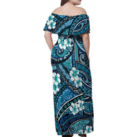 Polynesian Hibiscus Tropical Blue Floral Family Matching Off Shoulder Maxi Dress and Hawaiian Shirt Tribal Pattern LT01 - Polynesian Pride