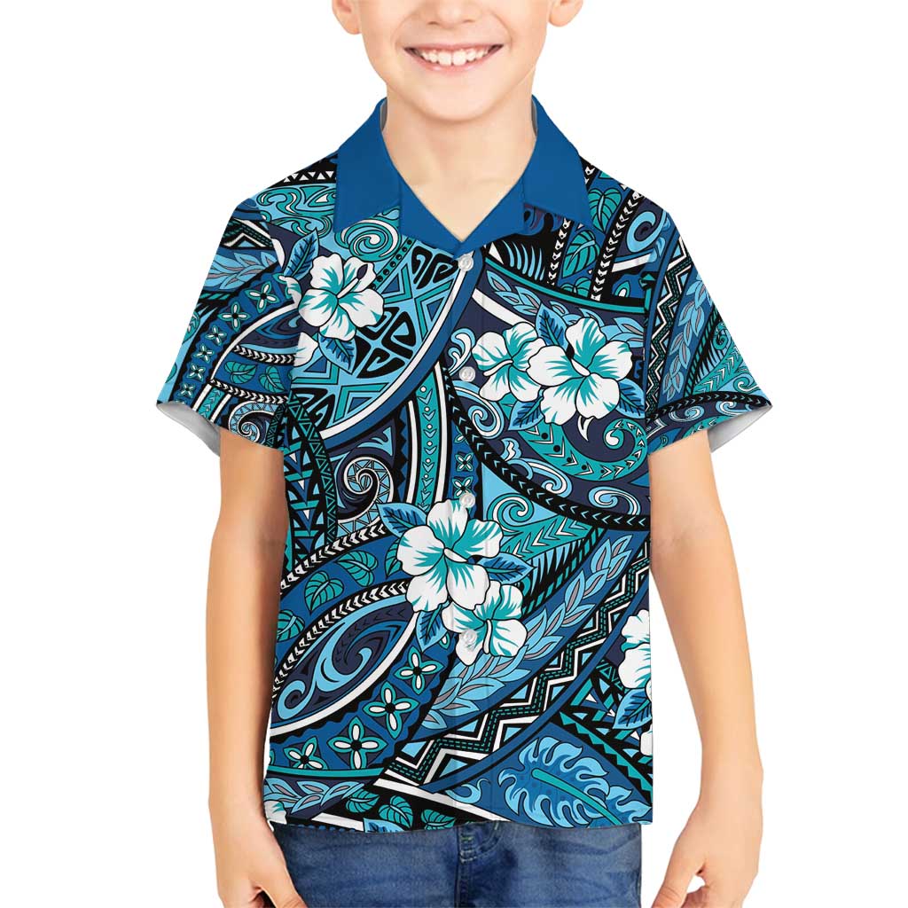 Polynesian Hibiscus Tropical Blue Floral Family Matching Off Shoulder Maxi Dress and Hawaiian Shirt Tribal Pattern LT01 Son's Shirt Blue - Polynesian Pride