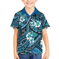 Polynesian Hibiscus Tropical Blue Floral Family Matching Off Shoulder Maxi Dress and Hawaiian Shirt Tribal Pattern LT01 Son's Shirt Blue - Polynesian Pride