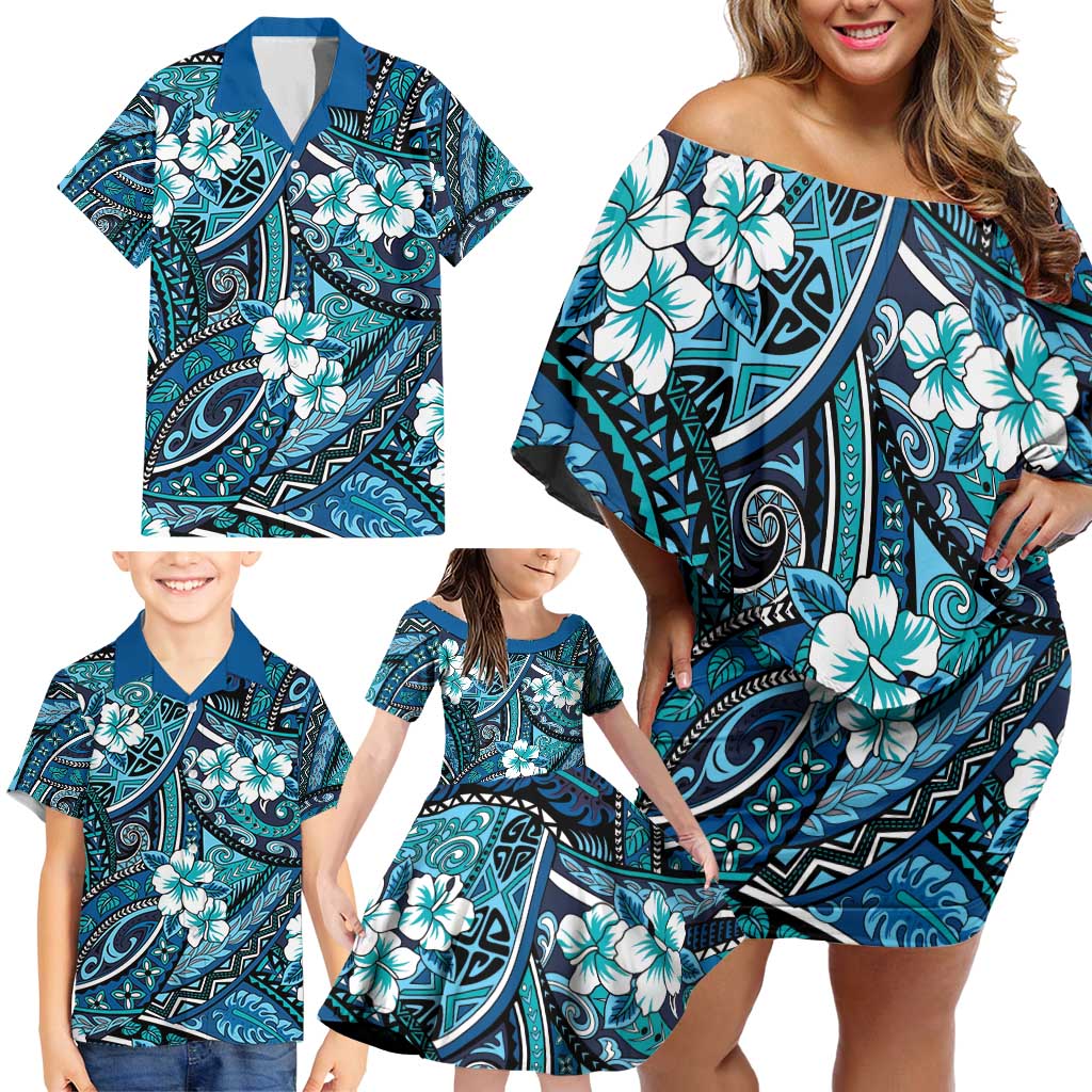 Polynesian Hibiscus Tropical Blue Floral Family Matching Off Shoulder Short Dress and Hawaiian Shirt Tribal Pattern LT01 - Polynesian Pride