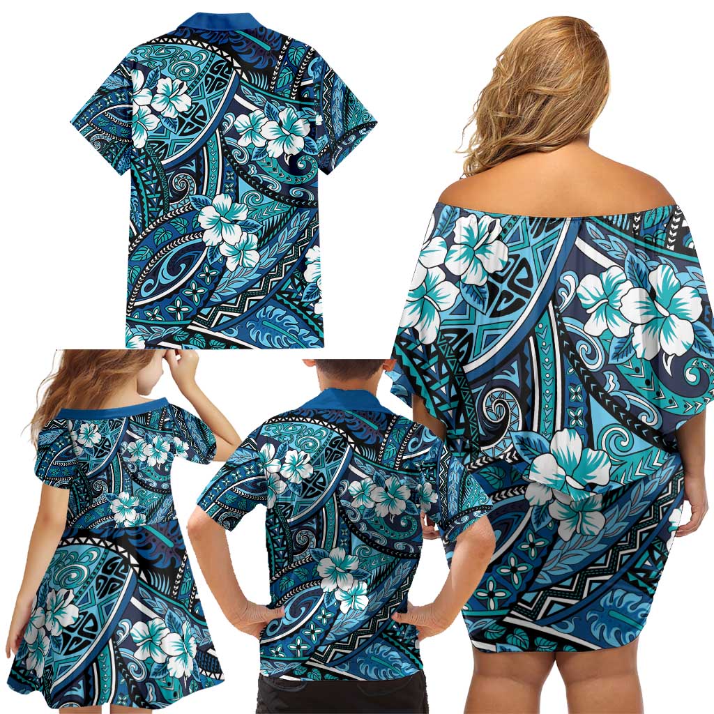 Polynesian Hibiscus Tropical Blue Floral Family Matching Off Shoulder Short Dress and Hawaiian Shirt Tribal Pattern LT01 - Polynesian Pride