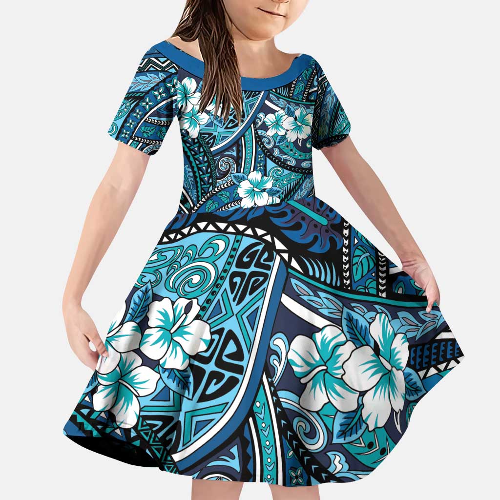 Polynesian Hibiscus Tropical Blue Floral Family Matching Puletasi and Hawaiian Shirt Tribal Pattern LT01 Daughter's Dress Blue - Polynesian Pride