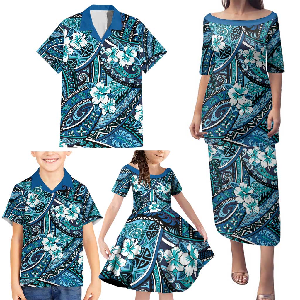 Polynesian Hibiscus Tropical Blue Floral Family Matching Puletasi and Hawaiian Shirt Tribal Pattern LT01 - Polynesian Pride