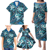 Polynesian Hibiscus Tropical Blue Floral Family Matching Puletasi and Hawaiian Shirt Tribal Pattern LT01 - Polynesian Pride