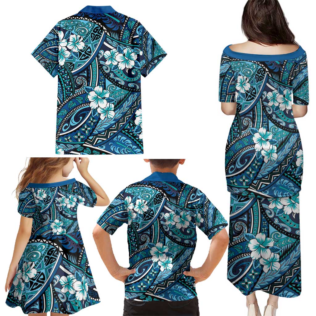 Polynesian Hibiscus Tropical Blue Floral Family Matching Puletasi and Hawaiian Shirt Tribal Pattern LT01 - Polynesian Pride