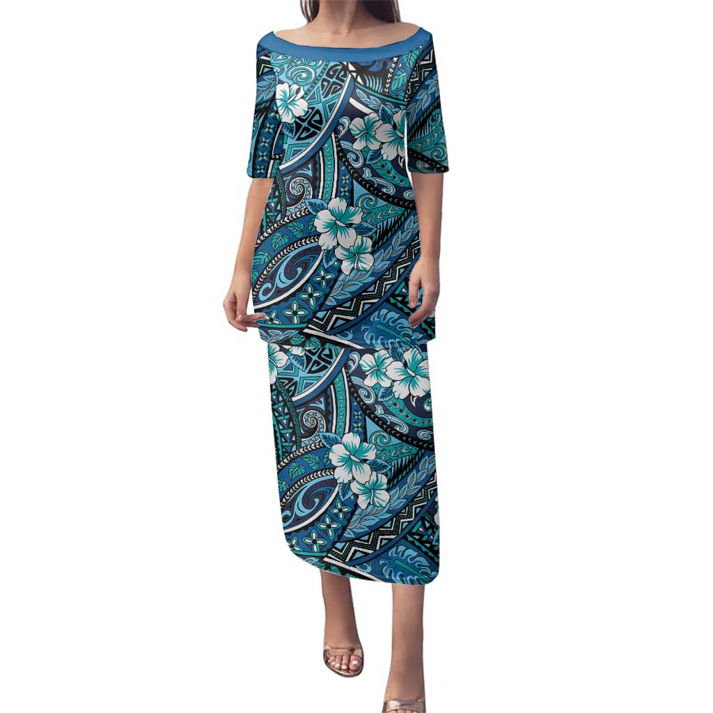 Polynesian Hibiscus Tropical Blue Floral Family Matching Puletasi and Hawaiian Shirt Tribal Pattern LT01 Mom's Dress Blue - Polynesian Pride