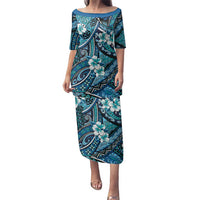 Polynesian Hibiscus Tropical Blue Floral Family Matching Puletasi and Hawaiian Shirt Tribal Pattern LT01 Mom's Dress Blue - Polynesian Pride