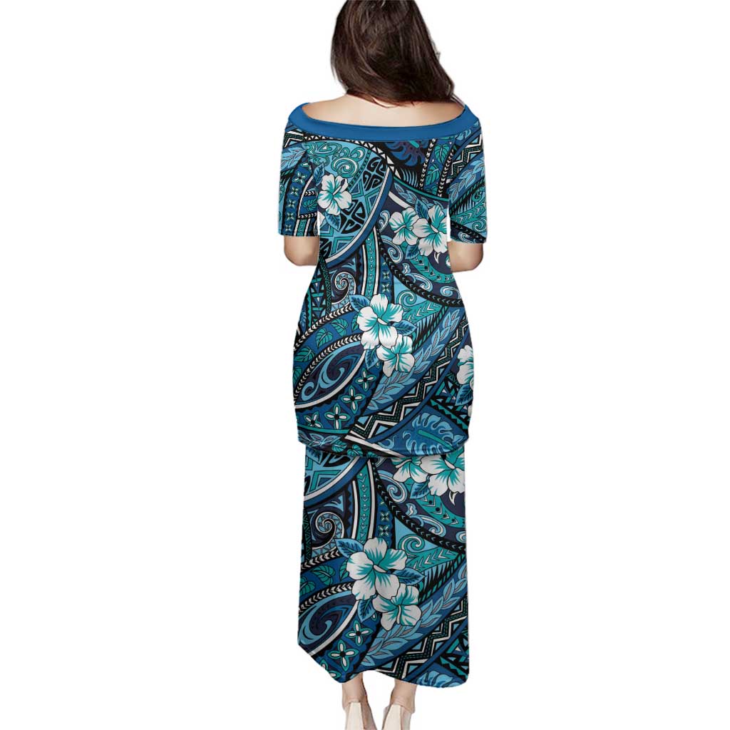 Polynesian Hibiscus Tropical Blue Floral Family Matching Puletasi and Hawaiian Shirt Tribal Pattern LT01 - Polynesian Pride